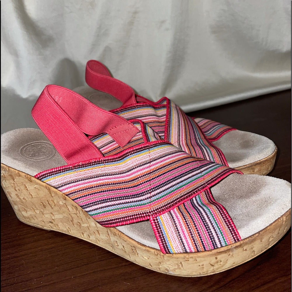 Multicolored coral pink cork wedges